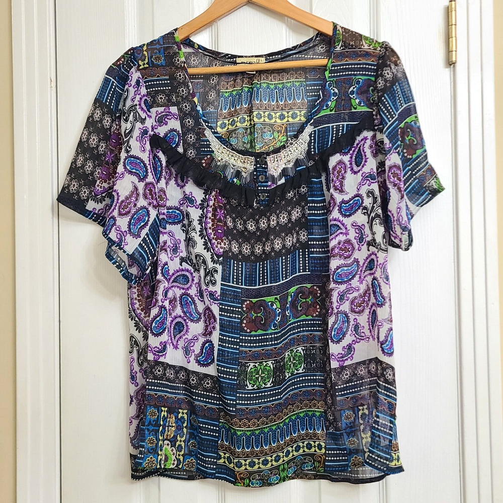 One World Sheer Boho Top Paisley Floral Patchwork Print Beaded Ruffles Size L